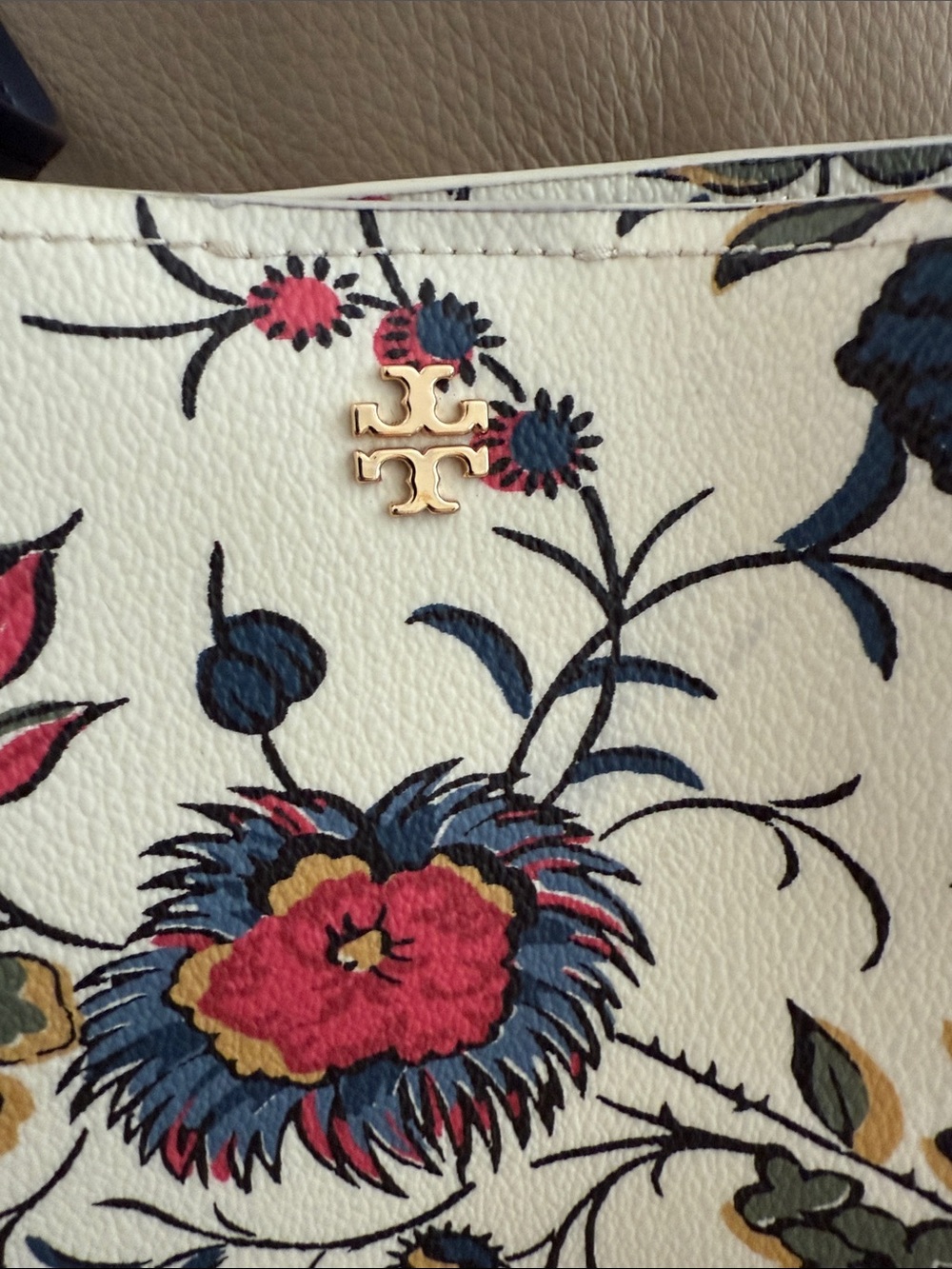 Tory Burch Floral Print Tote Bag with Navy Handles - Cream & Multicolor - Picture 2 of 15